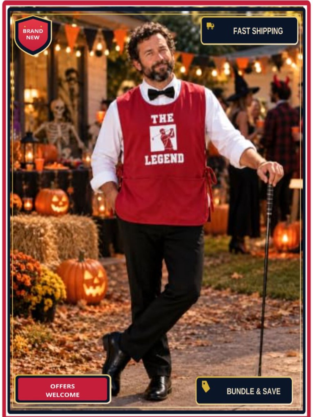 Golf Caddy Halloween Costume Set Red Caddie Outfit Bow Tie Adult - Picture 3 of 5